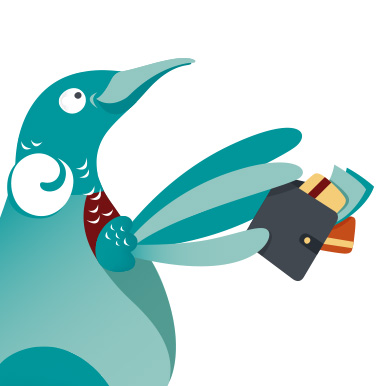 A stylised tui, holding a wallet of cards and cash