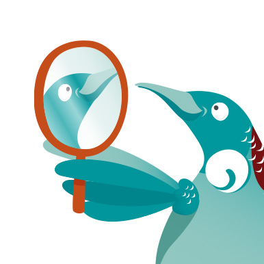 A stylised tui, holding a hand mirror and looking at its reflection