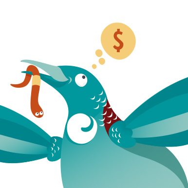 A stylised tui, with a worm in its mouth, and a thought bubble with a dollar sign in it