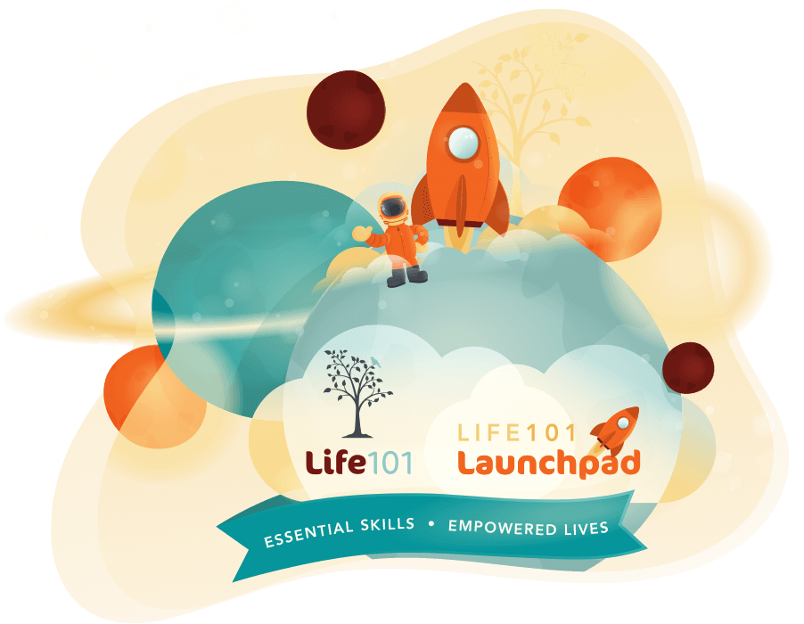 Composite graphic showing a rocket, spaceman, Launchpad logo and planets
