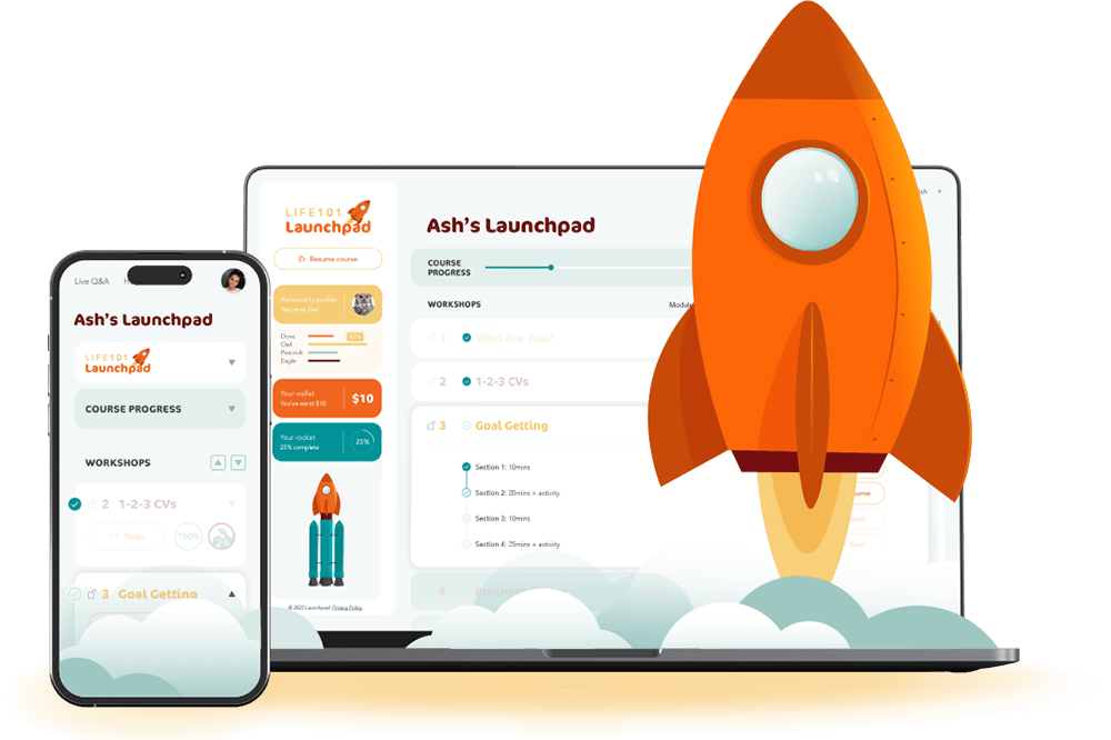 Screenshots of the Launchpad platform on a laptop and mobile phone